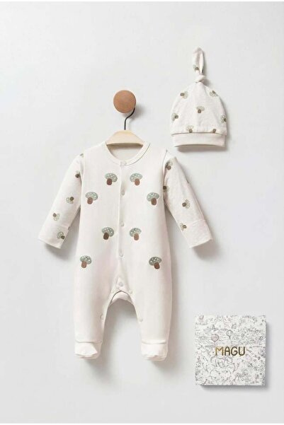 Magu طقم رومبير وقبعة من القطن للأطفال بنمط فطر إكرو - مزود بمشبك أمامي