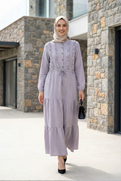 Hb Harma Time Butik Women's Ruffle Detailed Buttoned Linen Gray Dress