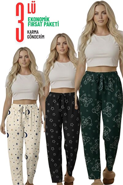THEBEK Yumoş Velvety Suede Patterned Medium Size Pajama Bottoms Set of 3 (Mix...