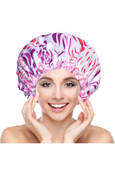 Choice3 powder Large Female Shower Cap Solid Color Satin Double Layer Waterpr...