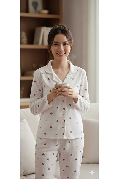 Asel Women's Buttoned Lycra Wrinkled Fabric Pajama Set