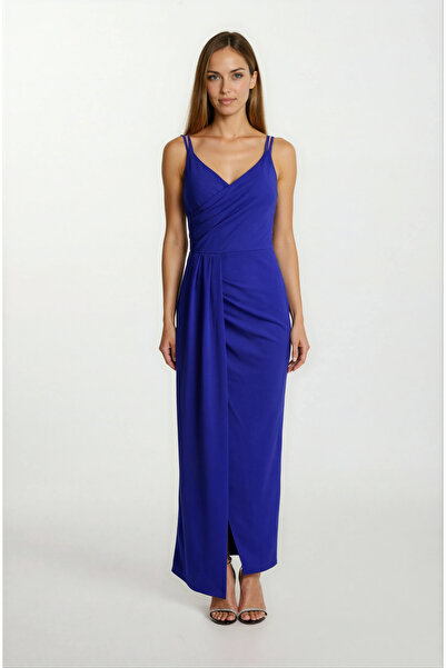 Spazio Clerioi Kruvaze İnce Askılı Yandan Parça Detaylı Uzun Abiye Elbise SAKS