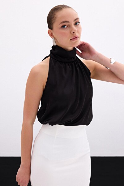 CKM MODA Zafira High Neck Sleeveless Satin Blouse Black