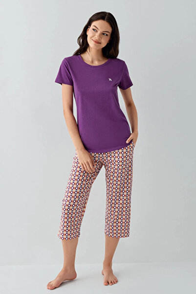 Arnetta Set Capri pentru femei, decolteu tip crew, imprimeu retro, buzunare, ...