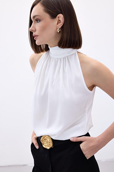 CKM MODA Zafira High Neck Sleeveless Satin Blouse Ecru