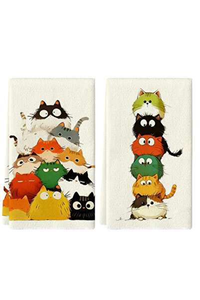 Choice 2pcs MULTI 2Pcs, Cute Colorful Stacked Cat Kitchen Towels, 40Cm*60Cm T...