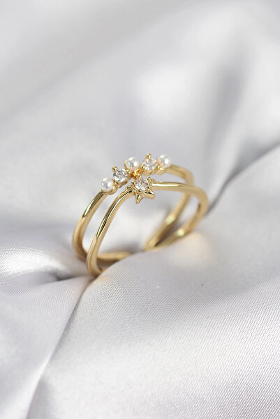 lowell home Gold Color Pearl Star Model Zircon Stone Women's Ring