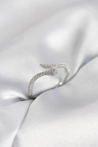 ELİZ BERRA MODA خاتم نسائي فضي اللون على شكل ثعبان موديل حجر الزركون