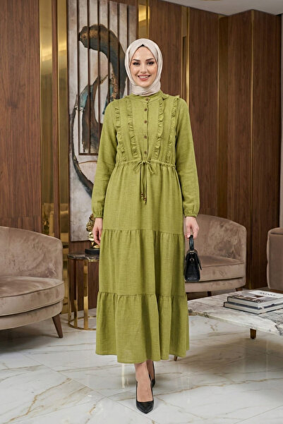 Hb Harma Time Butik Women's Ruffle Detailed Buttoned Linen Green Dress