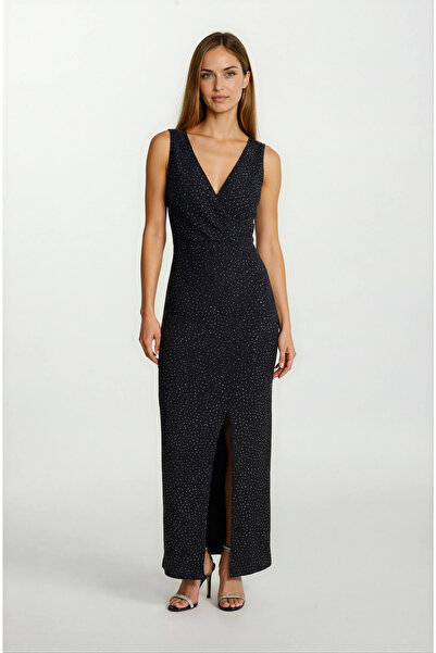 Spazio Deglia Kruvaze Asimetrik Taşlı Uzun Abiye Elbise SİYAH