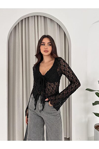 CKM MODA Noir Lace Tie-Up Lace Blouse Black