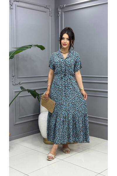 Cannes Oliya Women's Cherry Patterned Retro Model Blue Dress