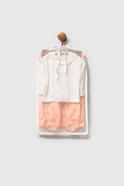 Magu Baby Girl Cotton Ecru Salmon Sun Patterned 4-Piece Set - Cardigan, Booti...