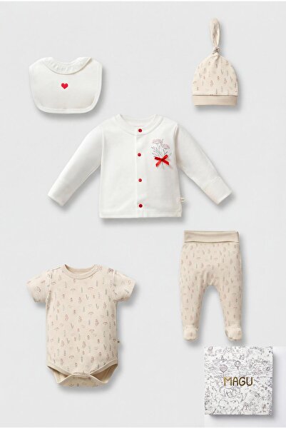 Magu Baby Girl Cotton Ecru Floral Patterned 5-Piece Hospital Discharge Set - ...