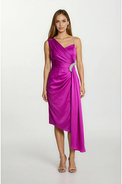 Spazio Dignard Taşlı Askılı Tek Kol Damla Aksesuar Detaylı Midi Abiye Elbise ...