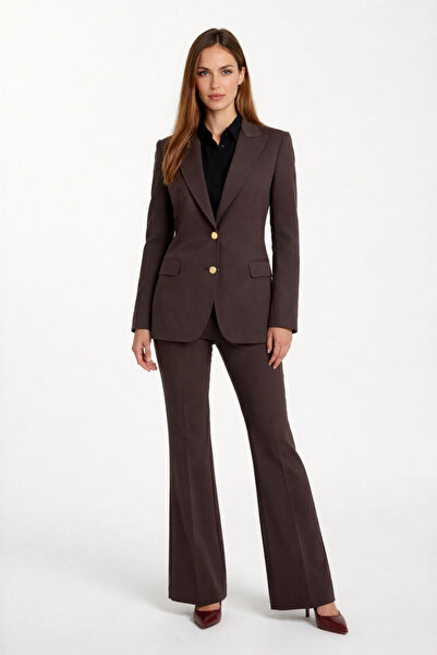 Spazio Cristano Klasik Yaka Bele Oturan Metal Düğmeli Kadın Blazer Ceket KAHVE