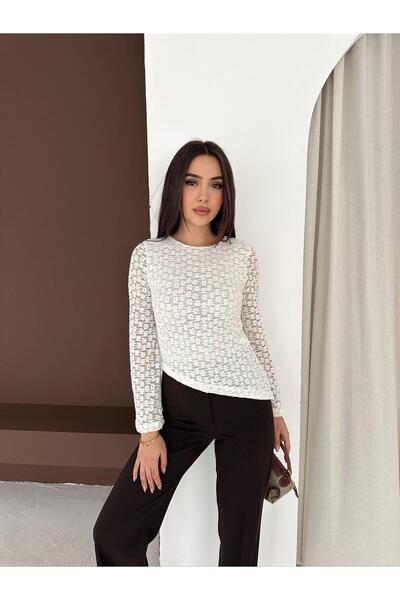 CKM MODA Sorel asymmetric cut lace long sleeve blouse cream