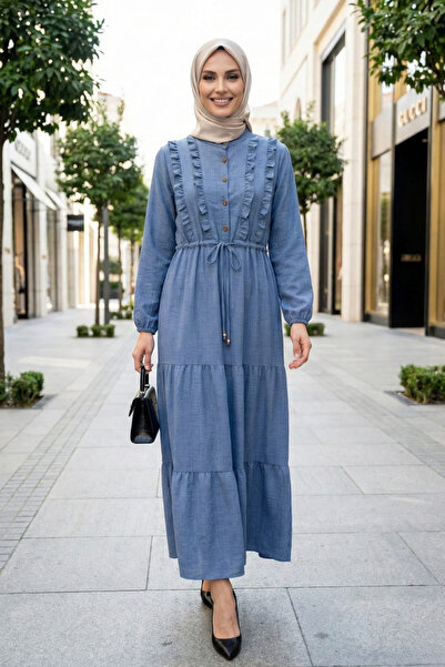 Hb Harma Time Butik Women's Ruffle Detailed Buttoned Linen Blue Dress