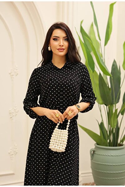 Cannes Rema Women's Classic Collar Polka Dot Black Dress