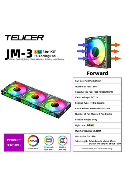 Choice طقم مروحة يحافظ على البرودة TEUCER JM-3 ARGB أبيض بإضاءة ARGB، مقاس 12...