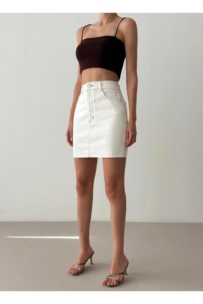 CKM MODA Calista Slim Fit Bone Denim Skirt Cream