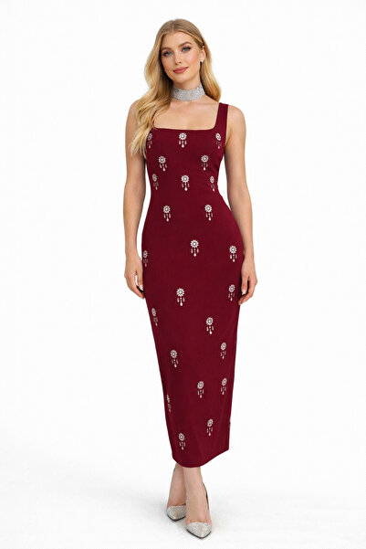 TRENDMALLAVM Kalın Askılı Taşlı Atlas Elbise