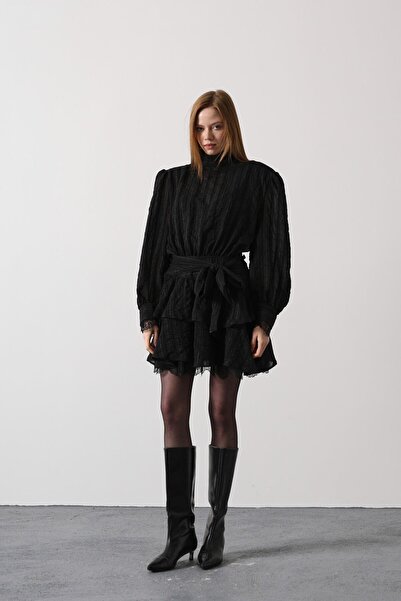 CKM MODA Aurelia Belted Layered Mini Dress with Lace Detail Black