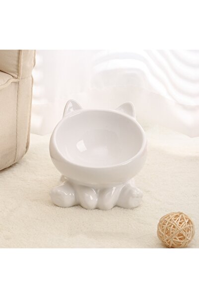 Choice WHITE Cute Ceramic Cat Dog Bowl with High Feet Diagonal Design Pet Wat...