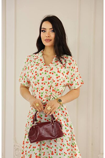 Cannes Oliya Women's Cherry Patterned Retro Model White Dress