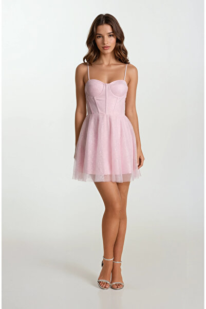 Spazio Denni İnce Askılı Gloplu Kısa Abiye Elbise PEMBE