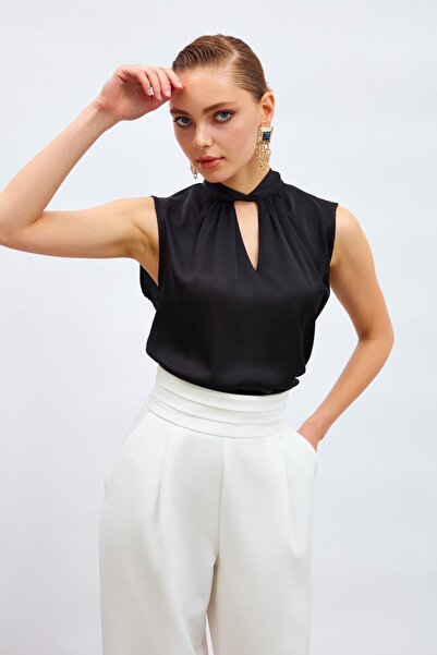 CKM MODA Satin Blouse with Sera Collar Detail Black
