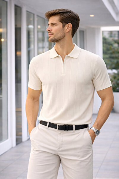 Maccali Men's Striped Beige Zippered Polo Knitwear T-Shirt