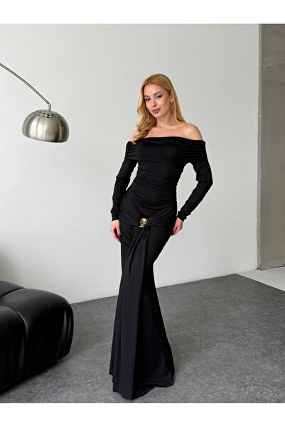 Cool & Sexy Modal Fabric Metal Accessory Detailed Maxi Dress Black