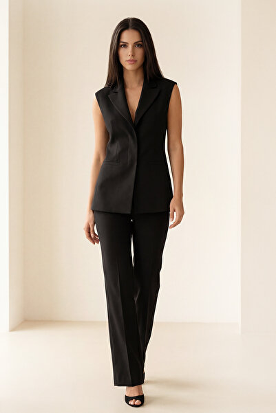 Setre Siyah Kolsuz Tak Kalıp Yelek Pantolonlu Takım
