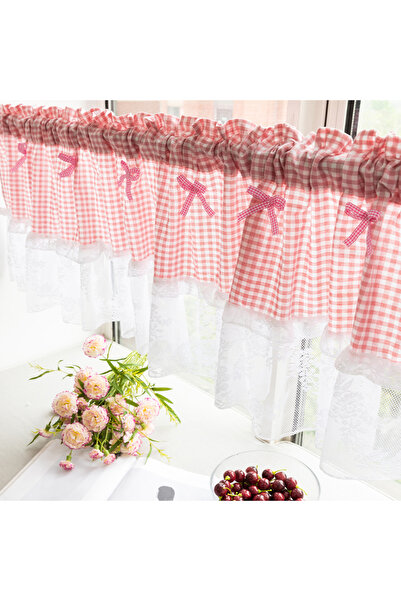 Choice Rod Pocket 1Pc(100X45Cm) Red 1 Piece, Plaid Lace Short Curtain, Half C...