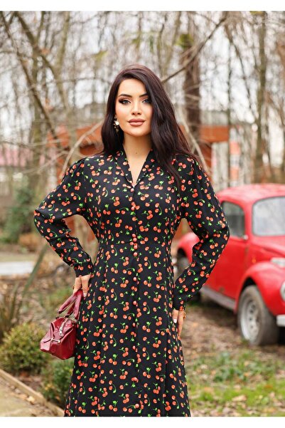 Cannes Jala Women's Long Sleeve Cherry Patterned V-Neck Black Dress