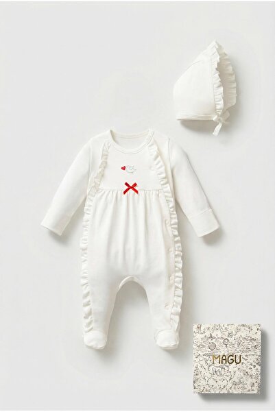 Magu طقم بدلة وقبعة من القطن للأطفال البنات بلون إكرو مع تفاصيل كشكشة - مزود ...