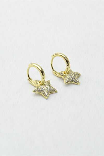 Osha Aksesuar Gold Color Zircon Stone Star Figured Hoop Earrings