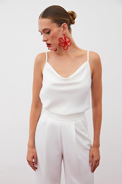 CKM MODA Glow Degaje Collar Satin Blouse Ecru