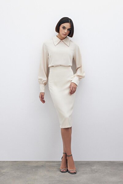 CKM MODA Blanche straight pencil skirt beige