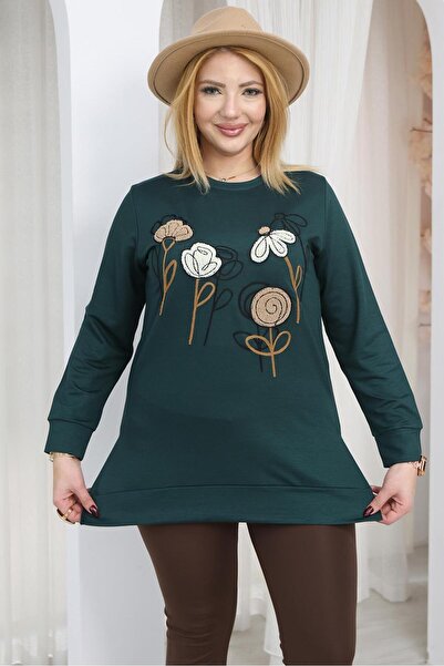 Siyezen Plus Size Floral Embroidered Tunic Sweatshirt