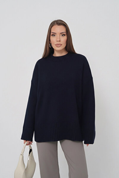 Lusin Women's Navy Blue Crew Neck Cotton Textured Long Sleeve Knit Sweater