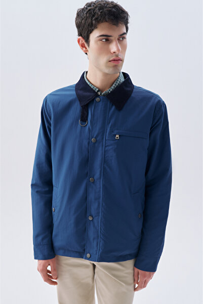 Mudo Men's Blue Collar Detailed Coat Jacket