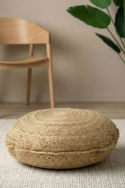 Digithome Dekoratif Küçük Yuvarlak Naturel Yassı Hasır Jüt Puf 40 X 20 -12082