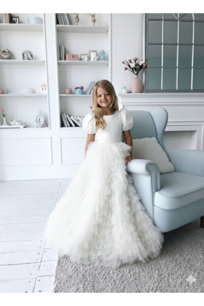 Asel Kids Girls' Tail-Length Dress Wedding Dress Layered Model Tulle Dress