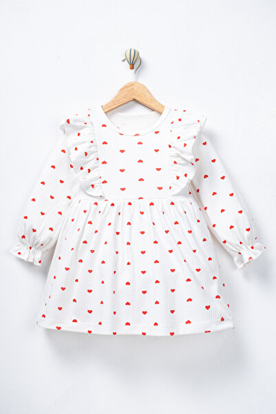 TİNY GOLDEN Girl's Heart Patterned 100% Cotton Ruffle Dress