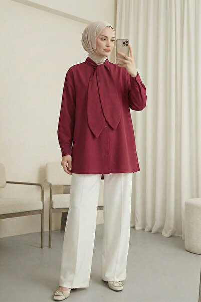 MODAQU Scarf-Buttoned Oversize Shirt - Burgundy