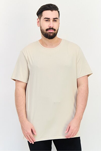CELIO Men Crew Neck Short Sleeves Plain T-Shirt, Beige