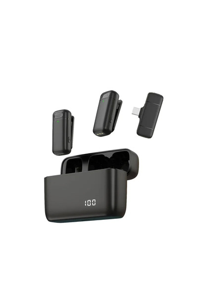 choice2 ميكروفون صغير محمول من النوع C أسود اللون مع علبة شحن، مزود بخاصية إل...