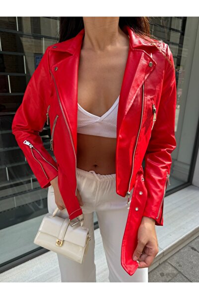 Rabona Fashion Valencia Slim Fit Kemerli Fermuar Detaylı Crop Suni Deri Biker...